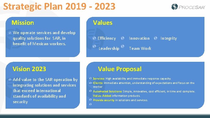 Strategic Plan 2019 - 2023 Mission Values We operate services and develop quality solutions