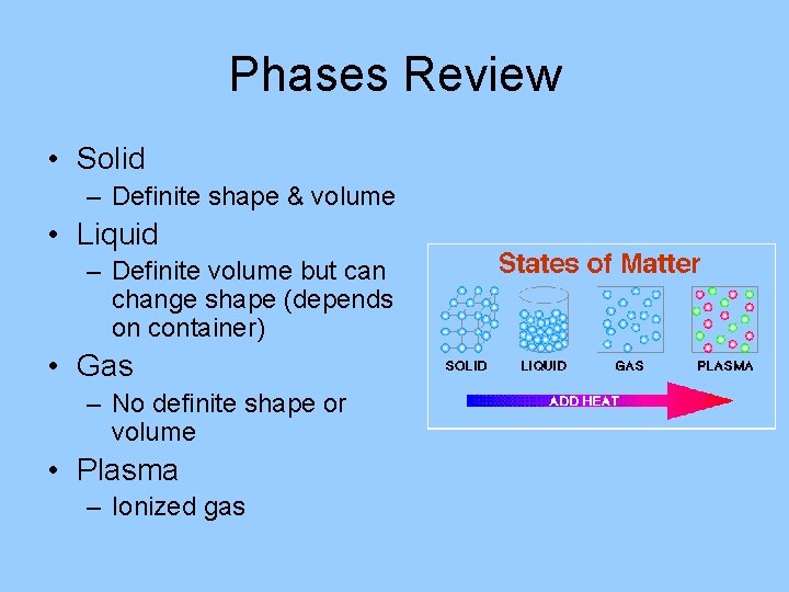 Phases Review • Solid – Definite shape & volume • Liquid – Definite volume