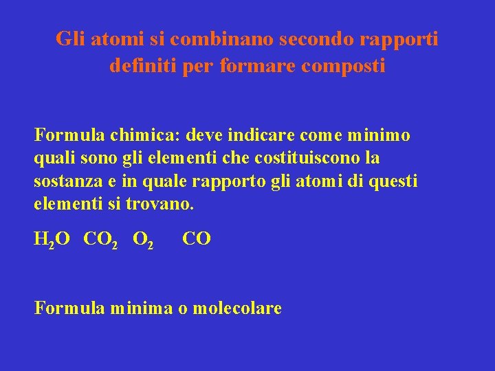 Gli atomi si combinano secondo rapporti definiti per formare composti Formula chimica: deve indicare