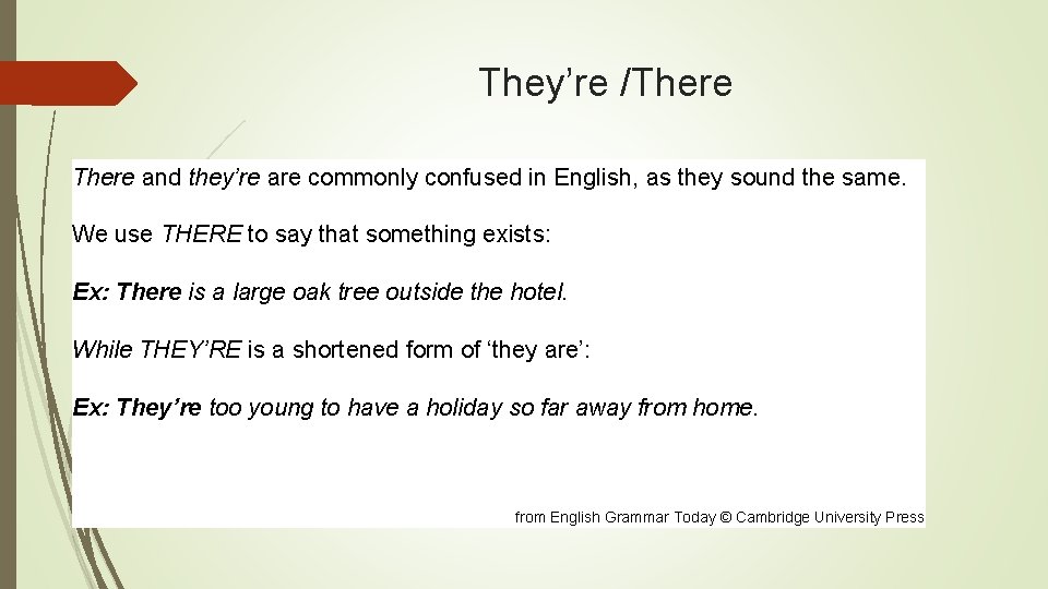 They’re /There and they’re are commonly confused in English, as they sound the same.