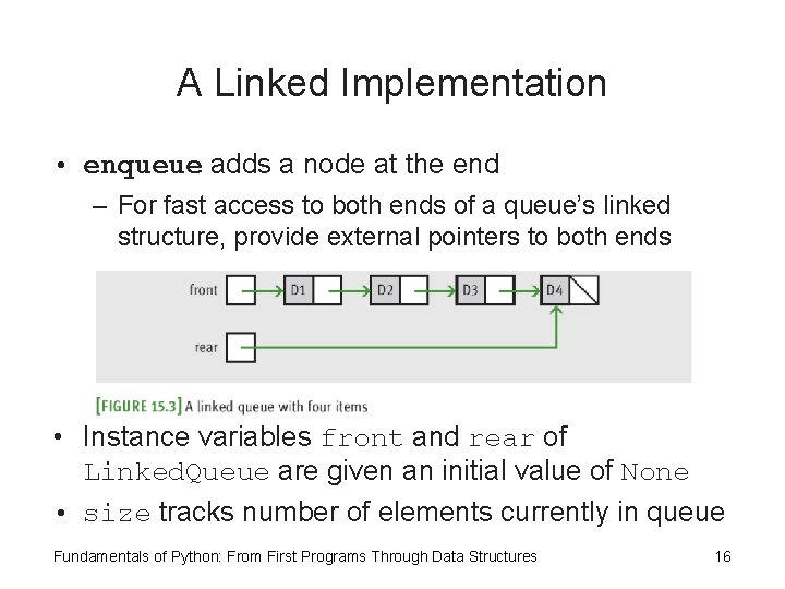 A Linked Implementation • enqueue adds a node at the end – For fast