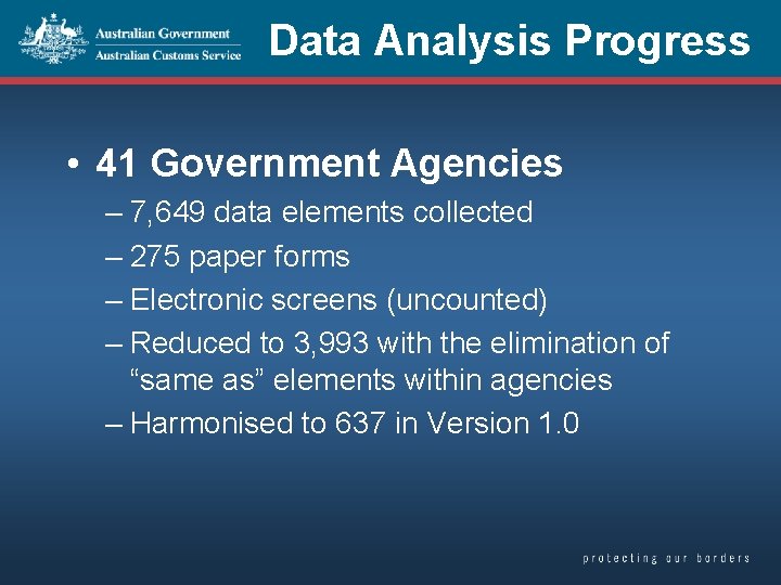 Data Analysis Progress • 41 Government Agencies – 7, 649 data elements collected –