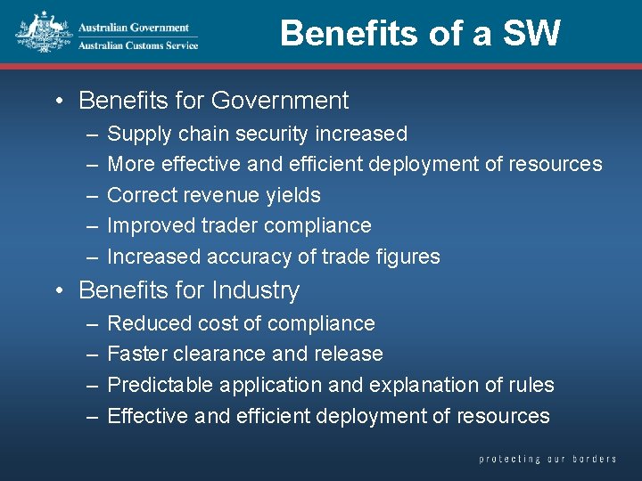 Benefits of a SW • Benefits for Government – – – Supply chain security