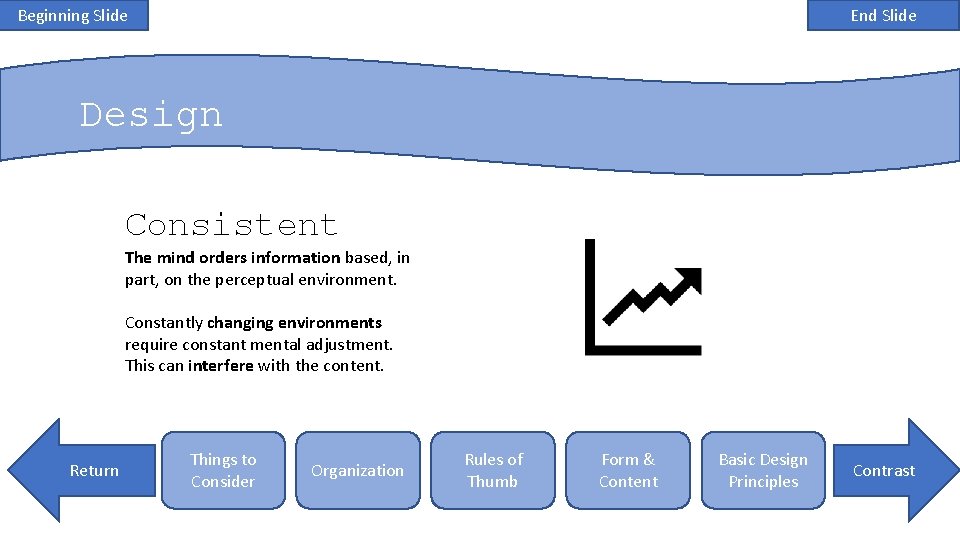 Beginning Slide End Slide Design Consistent The mind orders information based, in part, on