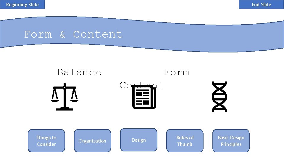 Beginning Slide End Slide Form & Content Balance Things to Consider Organization Form Content