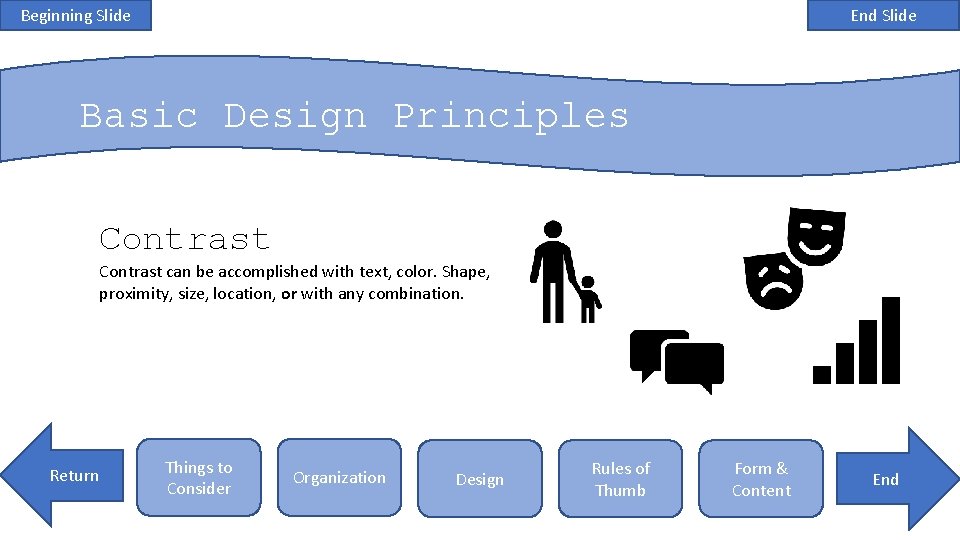 Beginning Slide End Slide Basic Design Principles Contrast can be accomplished with text, color.