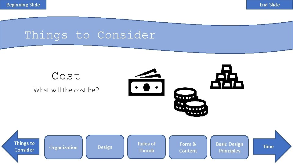 Beginning Slide End Slide Things to Consider Cost What will the cost be? Things