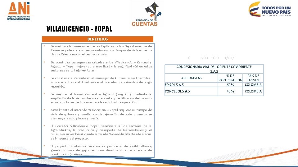 VILLAVICENCIO - YOPAL BENEFICIOS • • Se mejorará la conexión entre las Capitales de