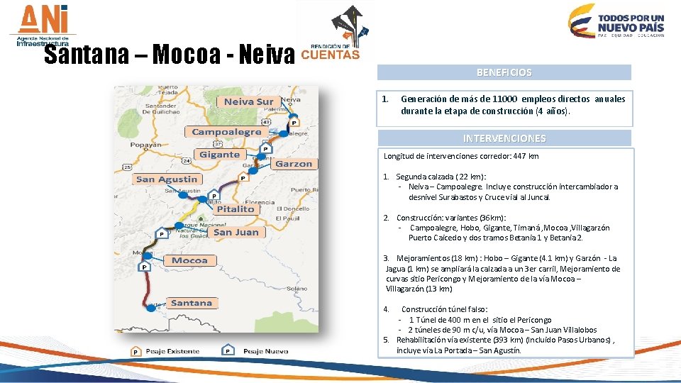 Santana – Mocoa - Neiva BENEFICIOS 1. Generación de más de 11000 empleos directos