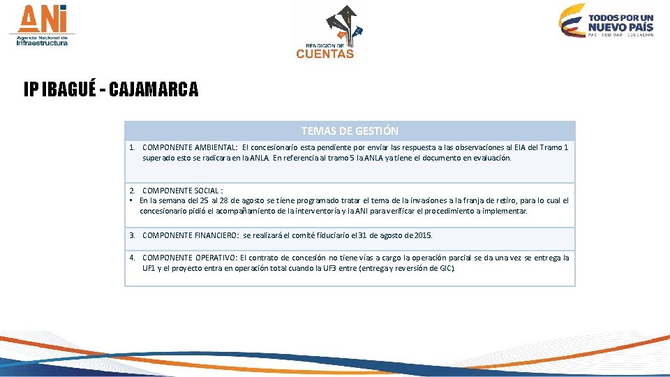 IP IBAGUÉ - CAJAMARCA TEMAS DE GESTIÓN 1. COMPONENTE AMBIENTAL: El concesionario esta pendiente