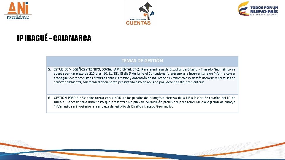 IP IBAGUÉ - CAJAMARCA TEMAS DE GESTIÓN 5. ESTUDIOS Y DISEÑOS (TECNICO, SOCIAL, AMBIENTAL
