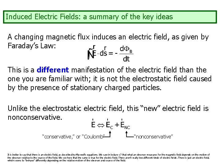 Induced Electric Fields: a summary of the key ideas A changing magnetic flux induces