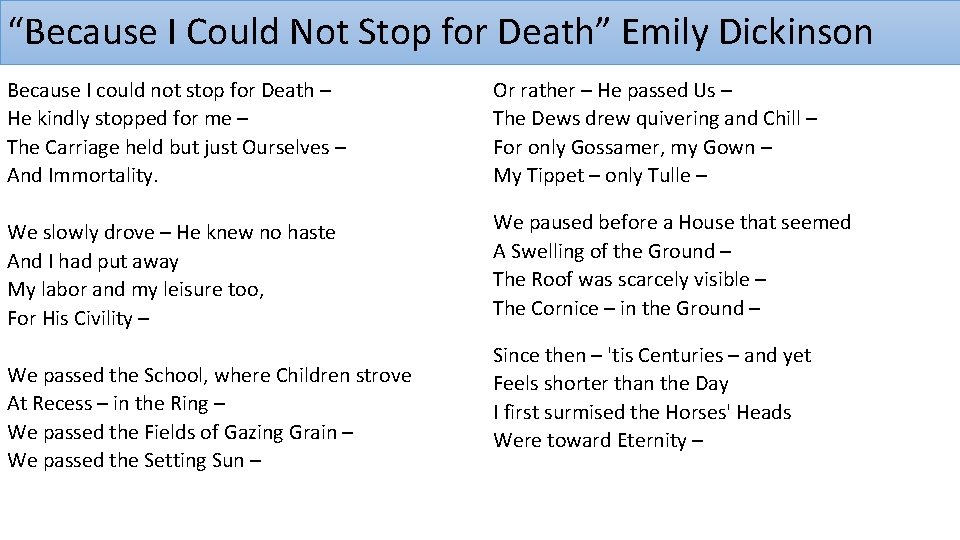 “Because I Could Not Stop for Death” Emily Dickinson Because I could not stop