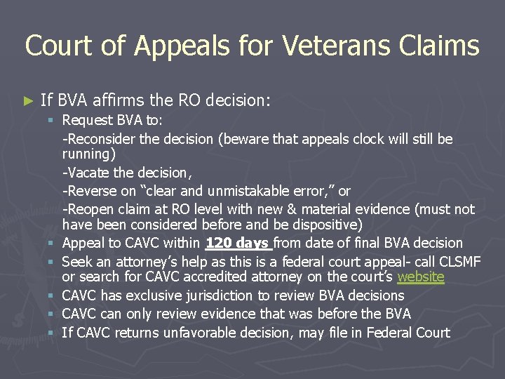 Court of Appeals for Veterans Claims ► If BVA affirms the RO decision: §