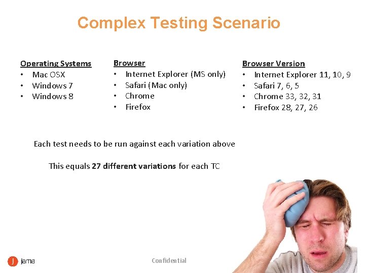 Complex Testing Scenario Operating Systems • Mac OSX • Windows 7 • Windows 8
