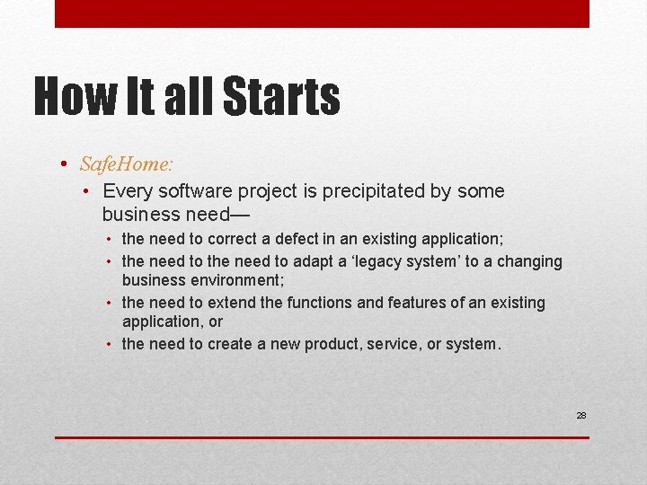 How It all Starts • Safe. Home: • Every software project is precipitated by