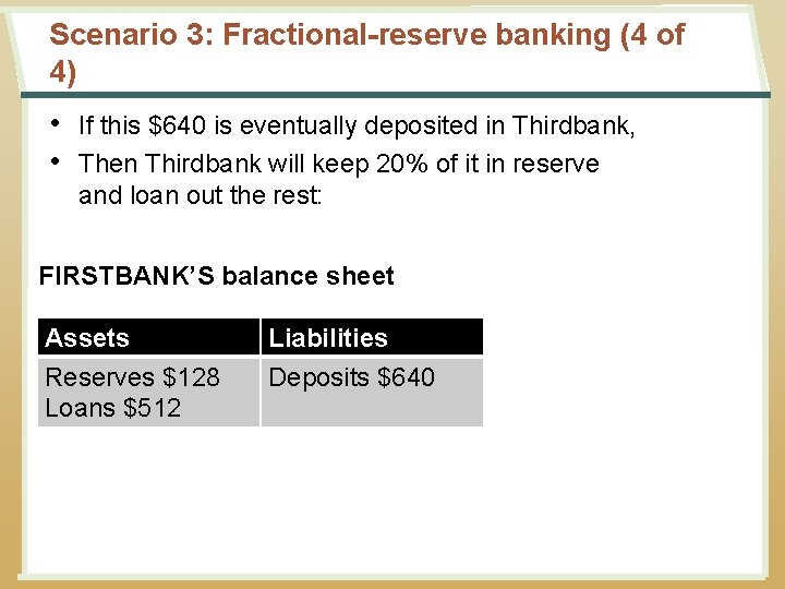 Scenario 3: Fractional-reserve banking (4 of 4) • If this $640 is eventually deposited