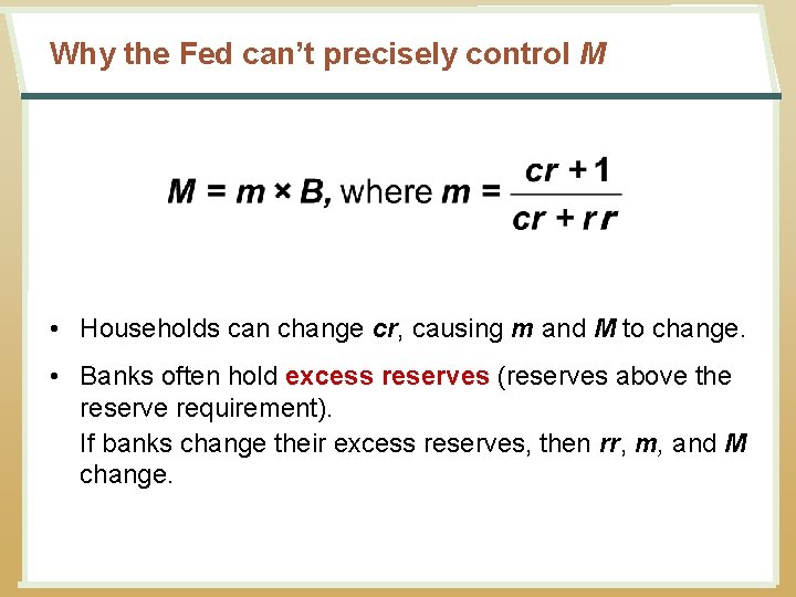 Why the Fed can’t precisely control M • Households can change cr, causing m