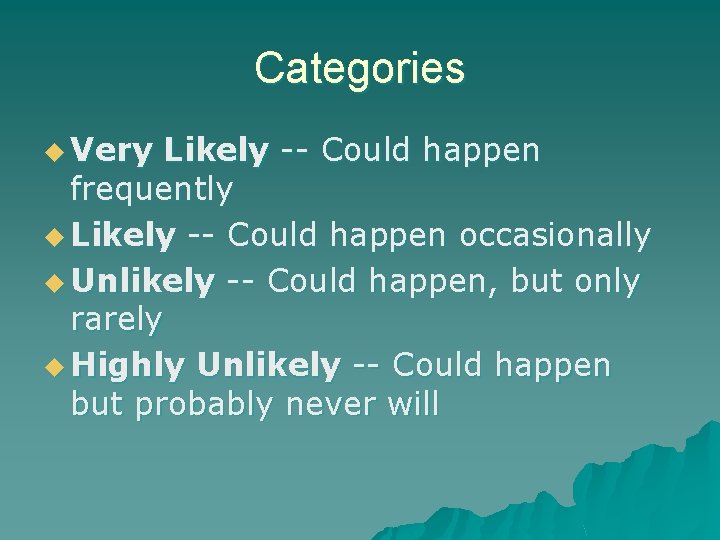 Categories u Very Likely -- Could happen frequently u Likely -- Could happen occasionally Categories u Very Likely -- Could happen frequently u Likely -- Could happen occasionally