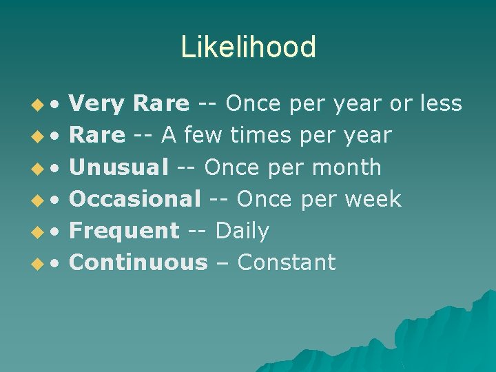 Likelihood u • u • u • Very Rare -- Once per year or Likelihood u • u • u • Very Rare -- Once per year or