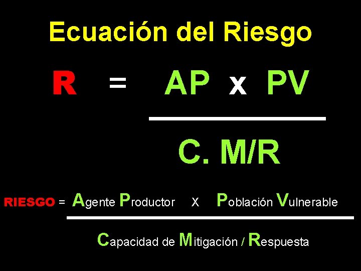 Ecuación del Riesgo R = AP x PV C. M/R RIESGO = Agente Productor
