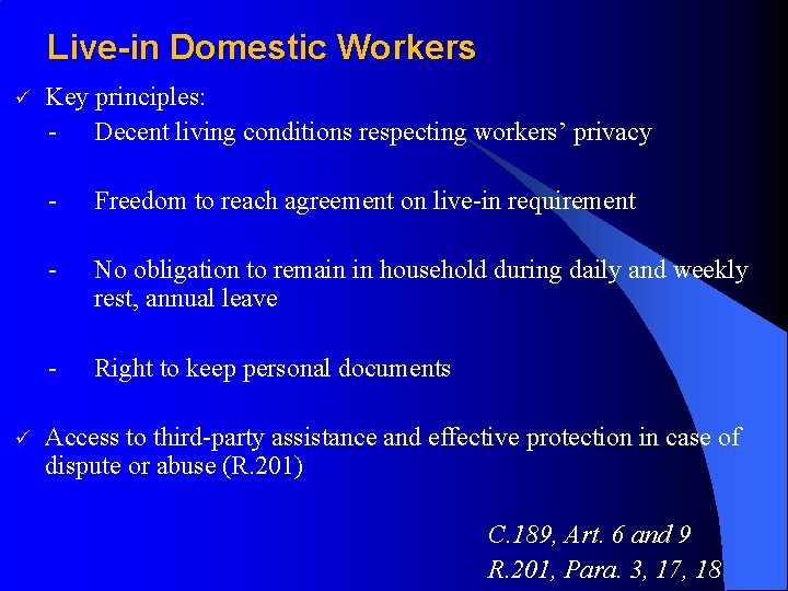 Live-in Domestic Workers ü ü Key principles: - Decent living conditions respecting workers’ privacy