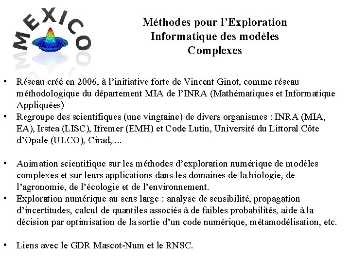 Méthodes pour l’Exploration Informatique des modèles Complexes • Réseau créé en 2006, à l’initiative