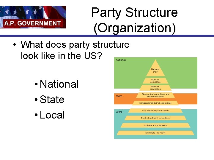 Party Structure (Organization) • What does party structure look like in the US? •