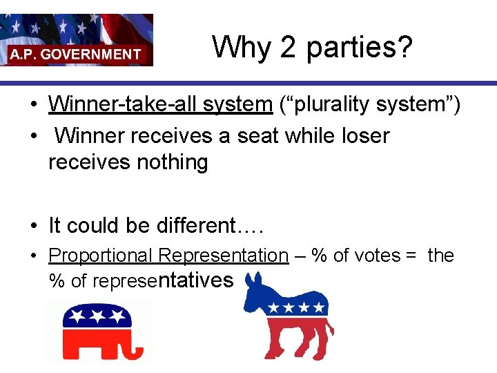 Why 2 parties? • Winner-take-all system (“plurality system”) • Winner receives a seat while