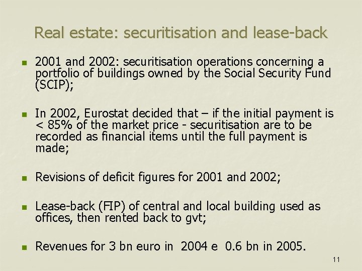 Real estate: securitisation and lease-back n n 2001 and 2002: securitisation operations concerning a