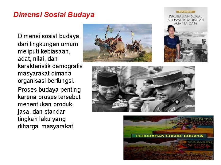 Dimensi Sosial Budaya Dimensi sosial budaya dari lingkungan umum meliputi kebiasaan, adat, nilai, dan