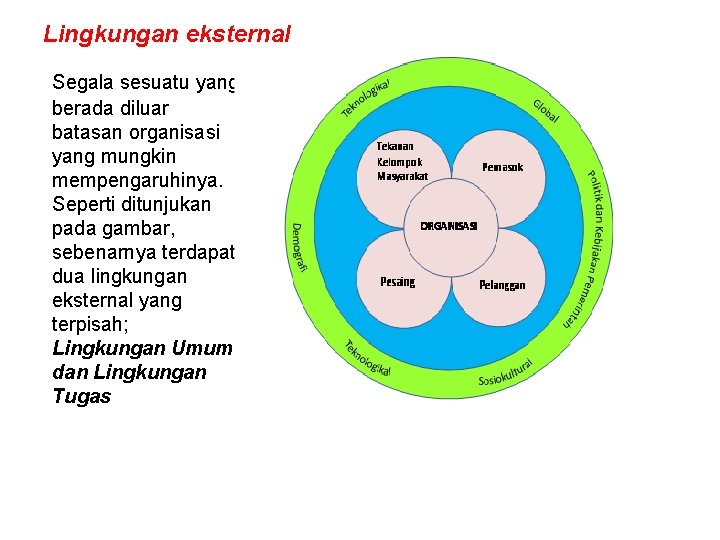 Lingkungan eksternal Segala sesuatu yang berada diluar batasan organisasi yang mungkin mempengaruhinya. Seperti ditunjukan