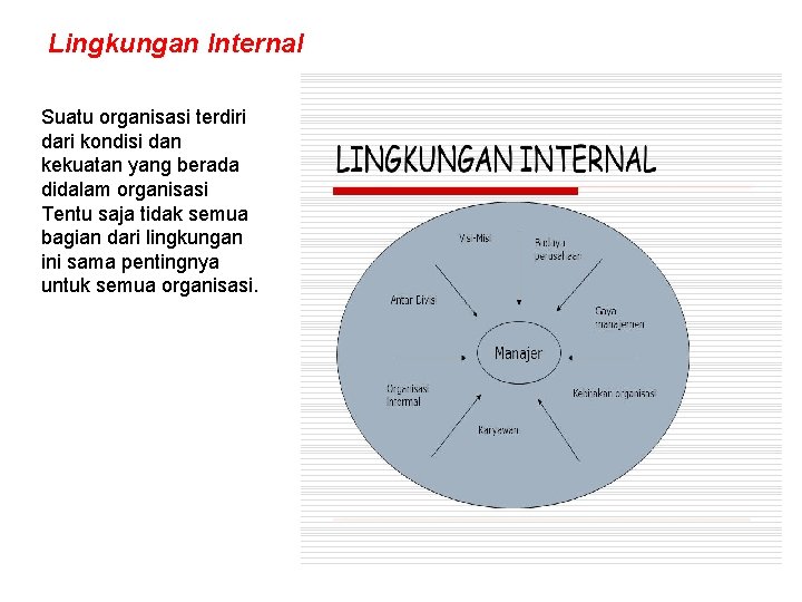 Lingkungan Internal Suatu organisasi terdiri dari kondisi dan kekuatan yang berada didalam organisasi Tentu