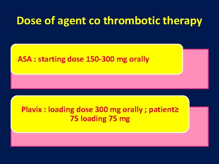 Dose of agent co thrombotic therapy ASA : starting dose 150 -300 mg orally