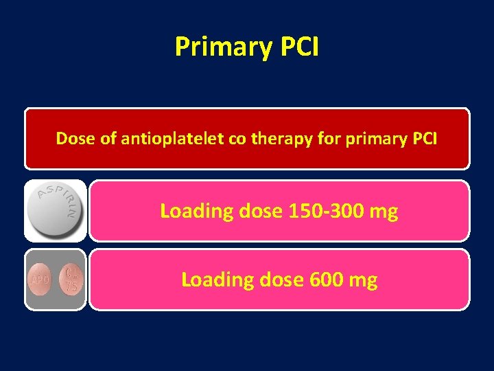 Primary PCI Dose of antioplatelet co therapy for primary PCI Loading dose 150 -300