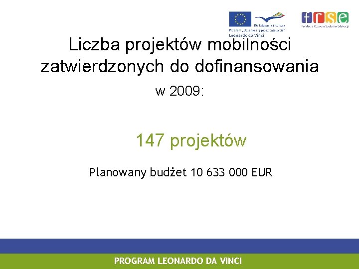 Liczba projektów mobilności zatwierdzonych do dofinansowania w 2009: 147 projektów Planowany budżet 10 633