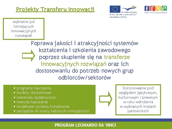 Projekty Transferu Innowacji wybranie już istniejących innowacyjnych rozwiązań Poprawa jakości i atrakcyjności systemów kształcenia