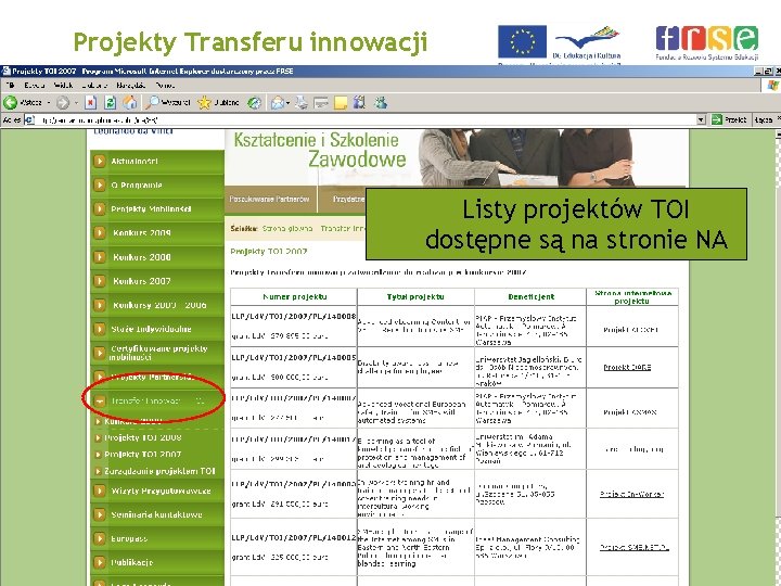 Projekty Transferu innowacji Listy projektów TOI dostępne są na stronie NA PROGRAM LEONARDO DA