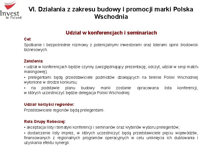 VI. Działania z zakresu budowy i promocji marki Polska Wschodnia Udział w konferencjach i