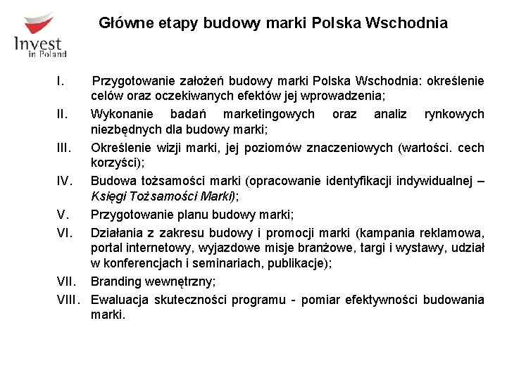 Główne etapy budowy marki Polska Wschodnia I. Przygotowanie założeń budowy marki Polska Wschodnia: określenie