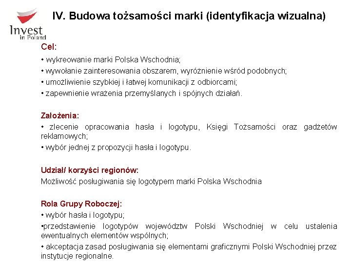 IV. Budowa tożsamości marki (identyfikacja wizualna) Cel: • wykreowanie marki Polska Wschodnia; • wywołanie
