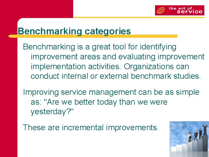 Benchmarking categories Benchmarking is a great tool for identifying improvement areas and evaluating improvement
