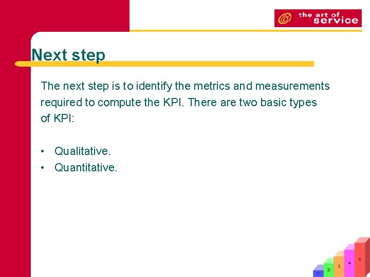 Next step The next step is to identify the metrics and measurements required to
