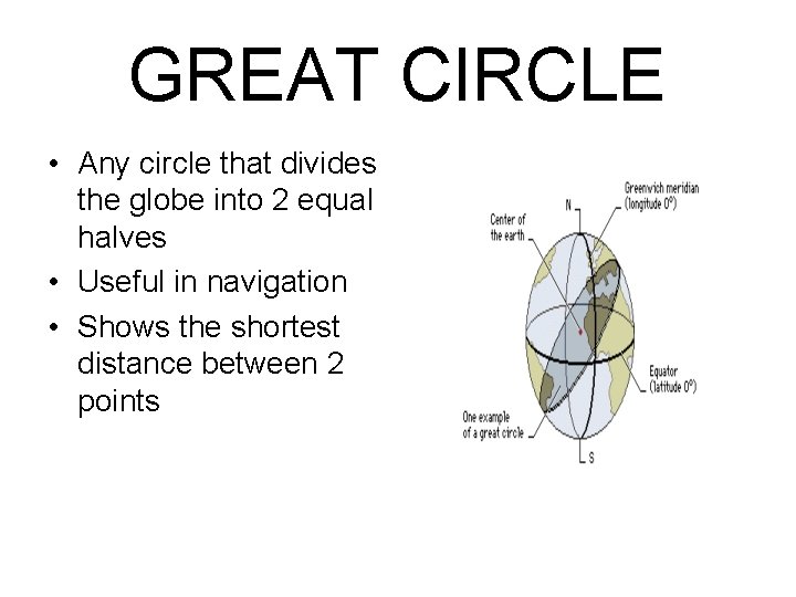 GREAT CIRCLE • Any circle that divides the globe into 2 equal halves •