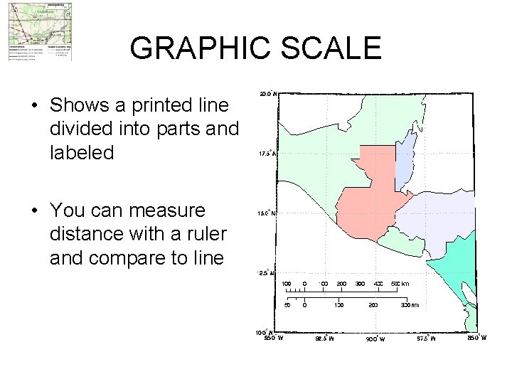 GRAPHIC SCALE • Shows a printed line divided into parts and labeled • You