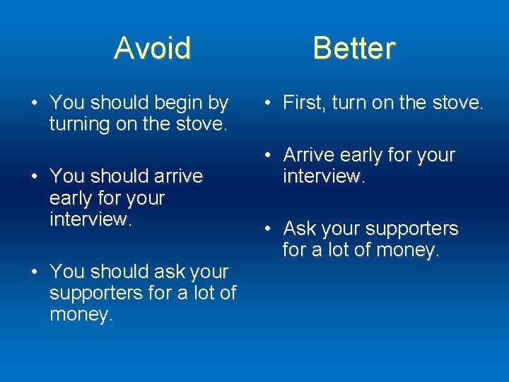 Avoid • You should begin by turning on the stove. • You should arrive