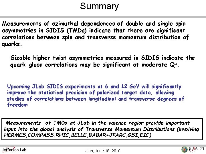 Summary Measurements of azimuthal dependences of double and single spin asymmetries in SIDIS (TMDs)