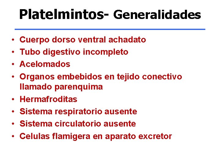 Platelmintos- Generalidades • • Cuerpo dorso ventral achadato Tubo digestivo incompleto Acelomados Organos embebidos