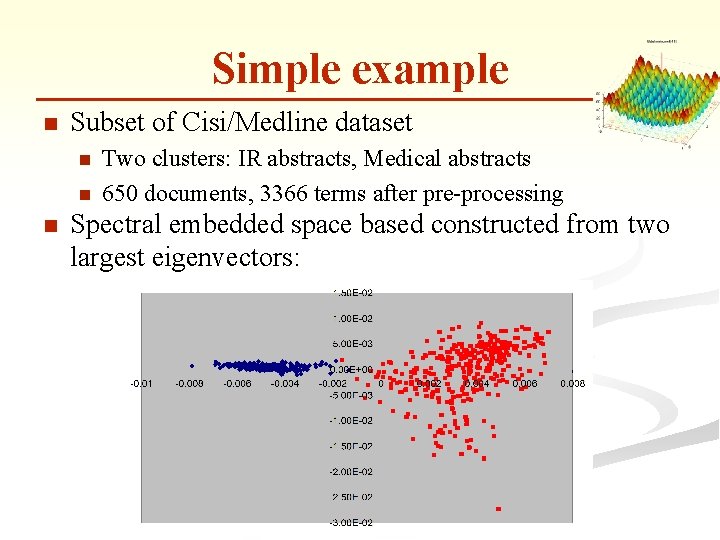 Simple example n Subset of Cisi/Medline dataset n n n Two clusters: IR abstracts,
