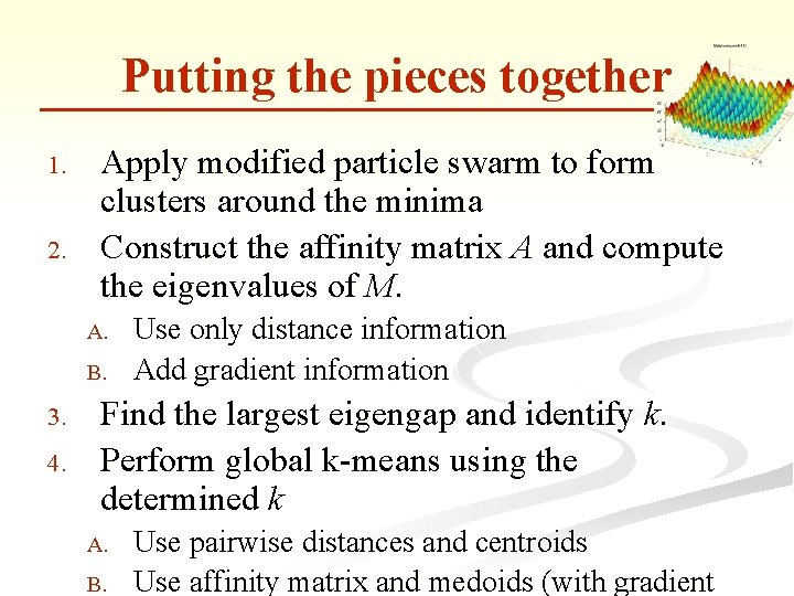 Putting the pieces together 1. 2. Apply modified particle swarm to form clusters around